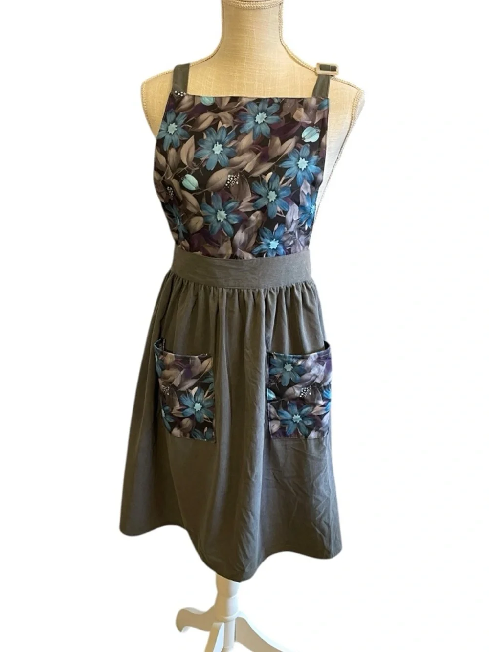 Grey Corduroy Apron with Blue Floral Panels and Pockets